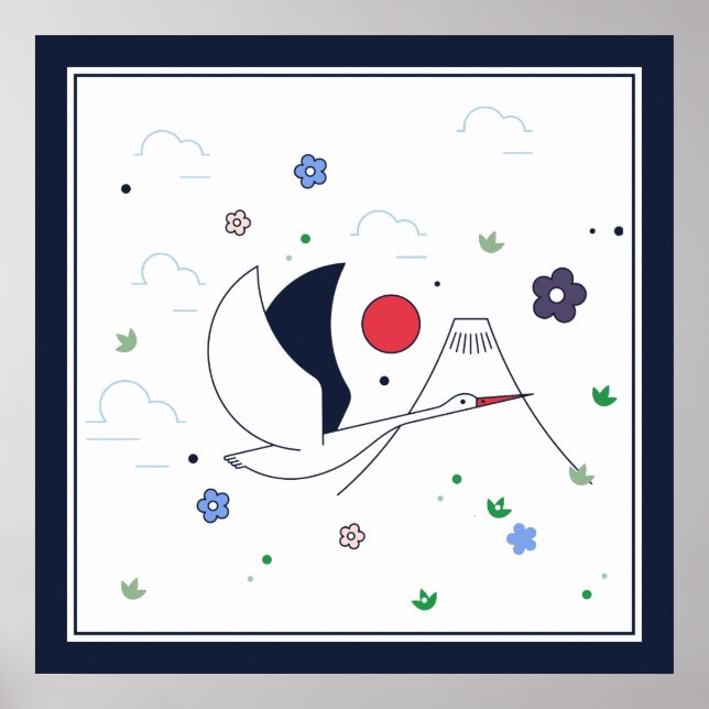 White, Red and Dark-blue Abstract Flying Crane Poster (Front)