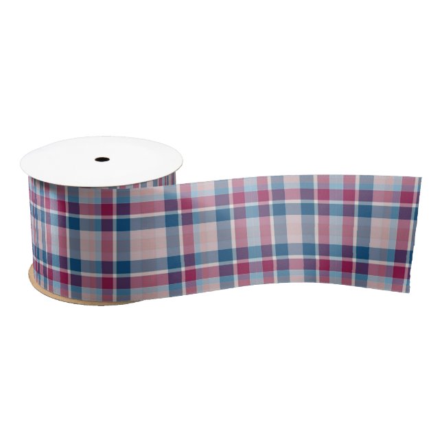White, Red & Blue Lines Plaid Pattern Satin Ribbon (Spool)