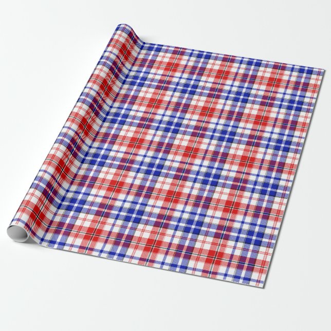 White Red Blue Plaid Tartan Design  Wrapping Paper (Unrolled)