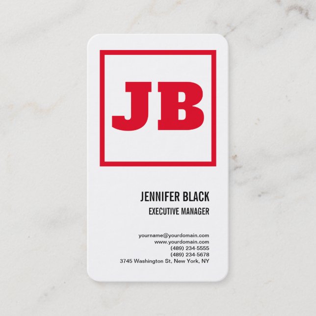 White Red Bold Monogram Minimalist Modern Plain Business Card (Front)
