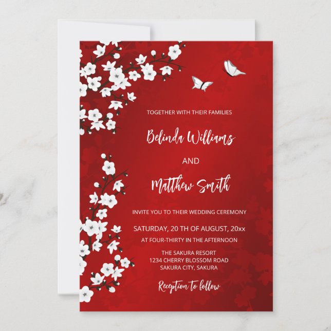 White  Red Cherry Blossom | Wedding Invitation (Front)