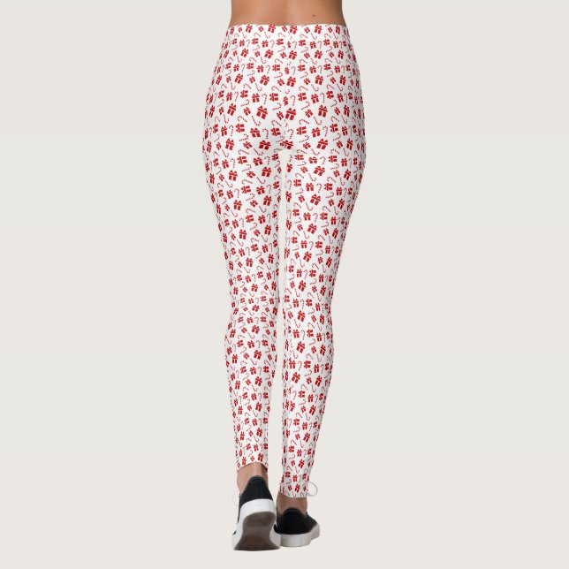White & Red Christmas Gift and Candy Cane Pattern Leggings (Back)