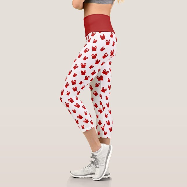 White & Red Christmas Gift Boxes Pattern High Capri Leggings (Left)