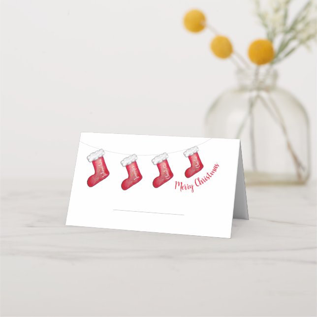 White & red Christmas personalized family stocking Place Card (Front)