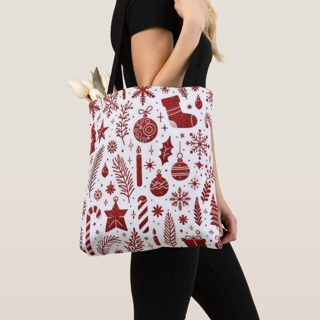 White Red Christmas Tote Bag (Close Up)