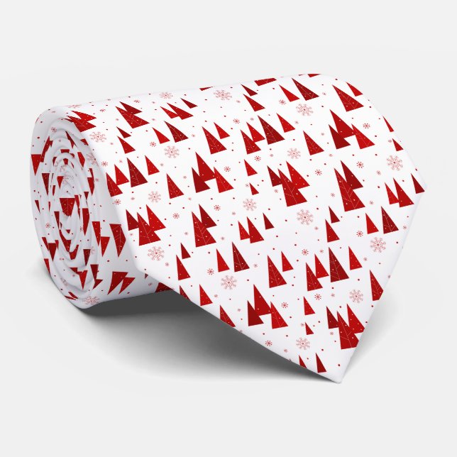 White & Red Christmas Tree with Snowflakes Pattern Tie (Rolled)
