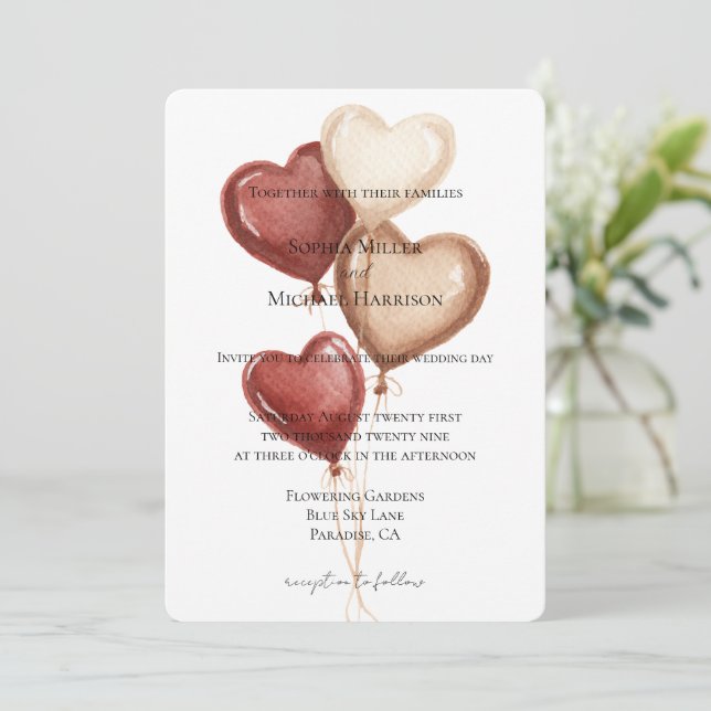 White Red Cream Heart Balloons Wedding Invitation (Standing Front)