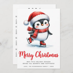 White Red Cute Ice Skating Penguin Merry Christmas Holiday Card