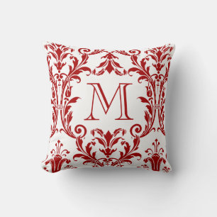 White & Red Damask Floral Swirls Monogram Cushion