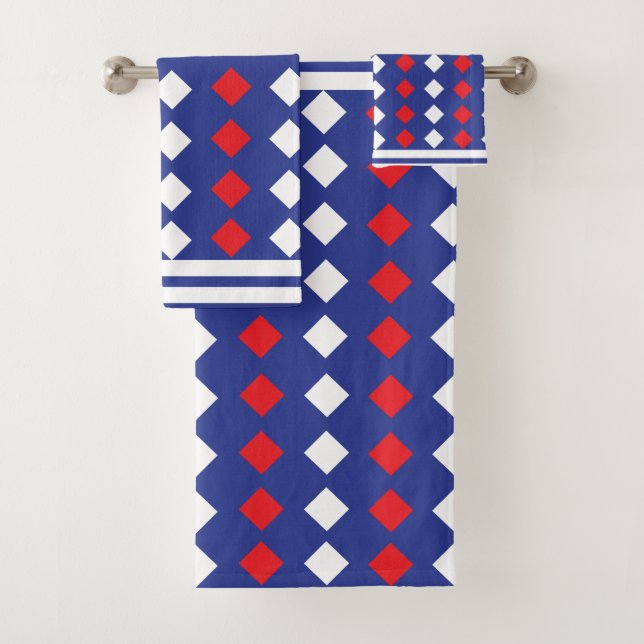 White Red Diamond Stripe Pattern Bath Towel Set (Insitu)