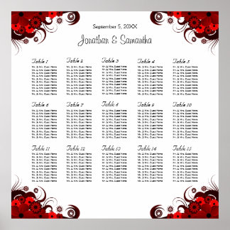 White & Red Floral 15 Wedding Tables Seating Chart