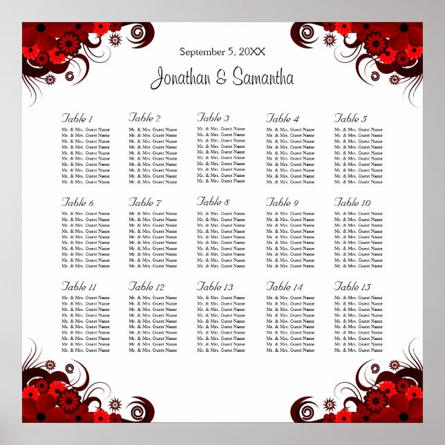 White & Red Floral 15 Wedding Tables Seating Chart (Front)