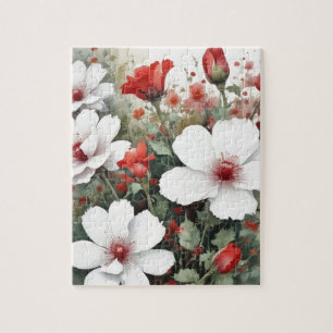 White & Red Flowers Elegant Watercolor Jigsaw Puzzle