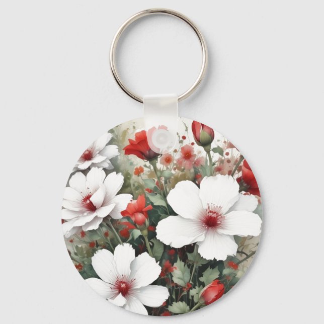 White & Red Flowers Elegant Watercolor Key Ring (Front)