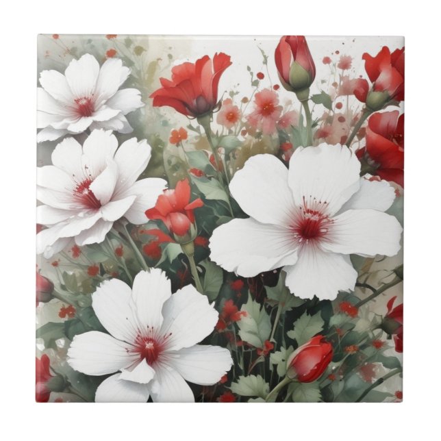 White & Red Flowers Elegant Watercolor Tile (Front)
