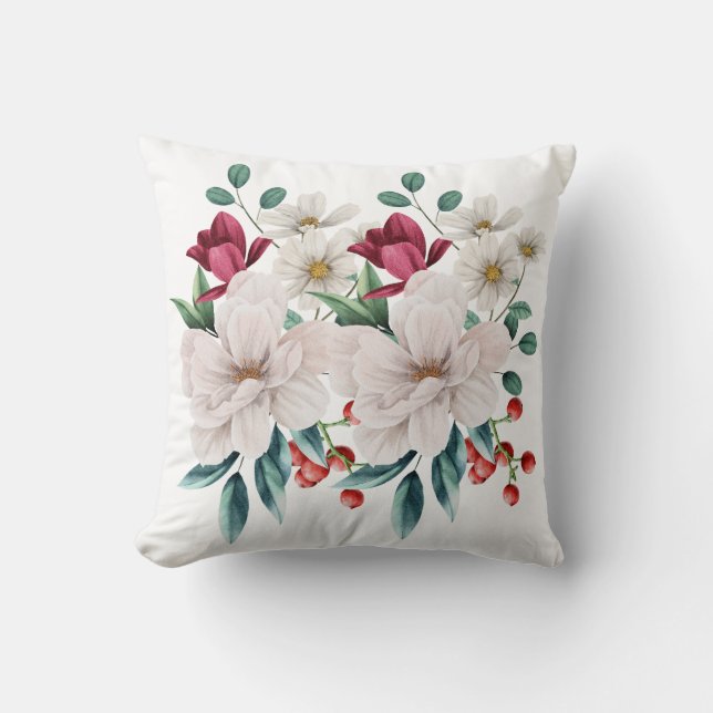 White Red Flowers Floral Greenery Red Berries Gift Cushion (Front)