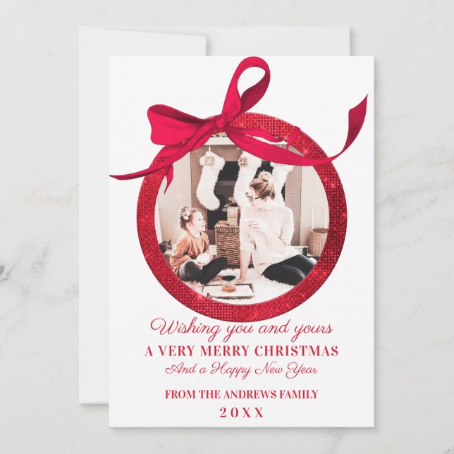 White Red Glitter Bow Ornament Photo Christmas Holiday Card (Front)