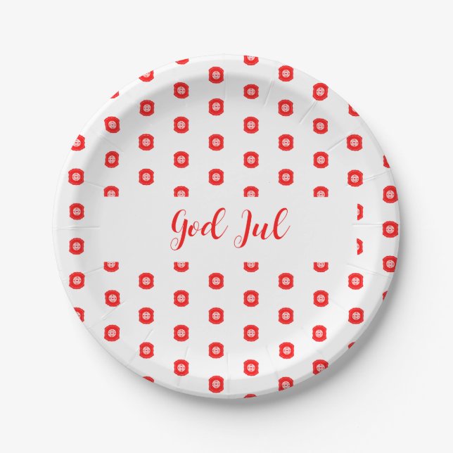 White Red God Jul Merry Christmas Pattern Paper Plate (Front)