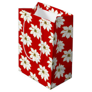 White Red Gold Poinsettia Pattern Medium Gift Bag