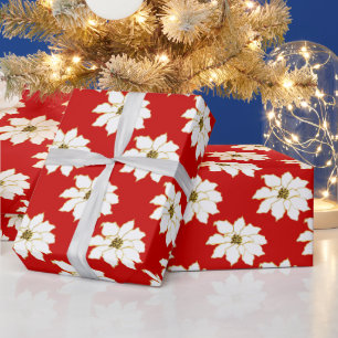 White Red Gold Poinsettia Pattern  Wrapping Paper