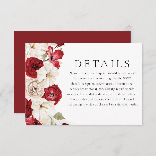 White & Red Gorgeous Floral Wedding Details Enclosure Card (Front/Back)