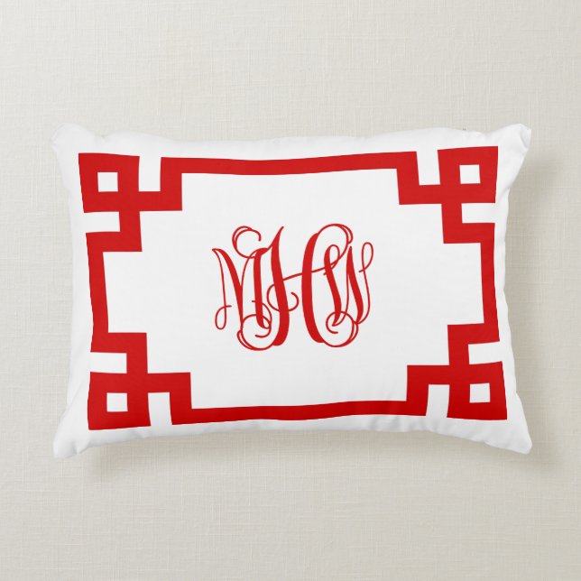 White Red Greek Key Vine Monogram DIY BG Decorative Cushion (Front)