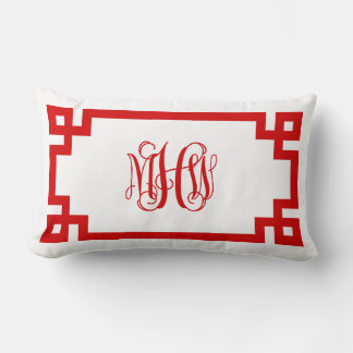 White Red Greek Key Vine Monogram DIY BG Lumbar Cushion