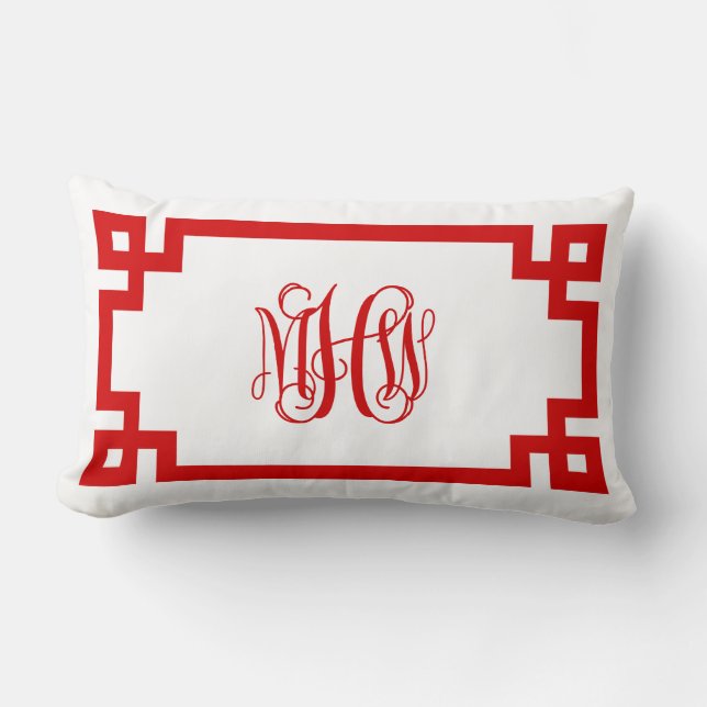 White Red Greek Key Vine Monogram DIY BG Lumbar Cushion (Front)