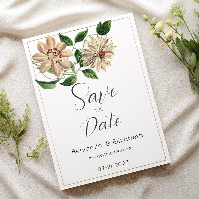 White red green floral botanical Save the Date  Invitation (White red green floral botanical Save the Date)