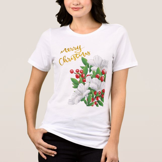 White Red Green Floral Gold Merry Christmas Tri-Blend Shirt (Front)