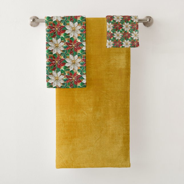 White Red Green Gold Poinsettia Bath Towel Set (Insitu)