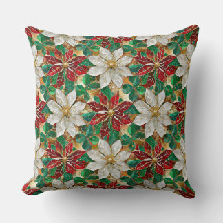 White Red Green Gold Poinsettia Cushion