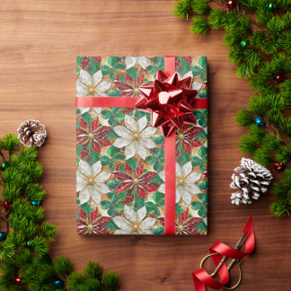 White Red Green Gold Poinsettia Wrapping Paper