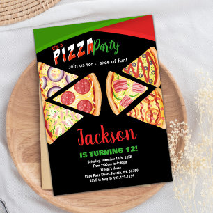 White Red Green Pizza Birthday Invitations