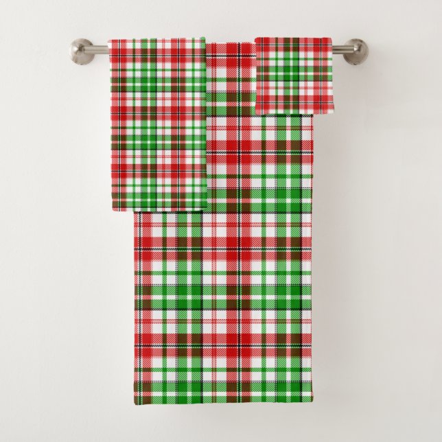 White Red Green Plaid Tartan Design  Bath Towel Set (Insitu)