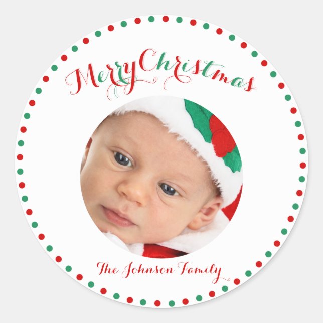 White Red Green Round Photo Christmas Stickers (Front)