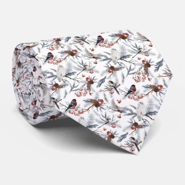 White Red Grey Birds Tree Branches Classic Men's Tie (Rolled)