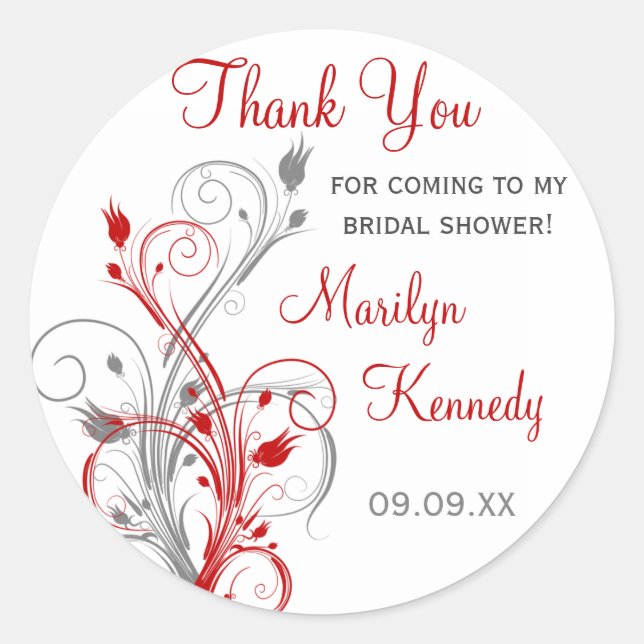 White, Red, Grey Floral Bridal Shower Sticker (Front)