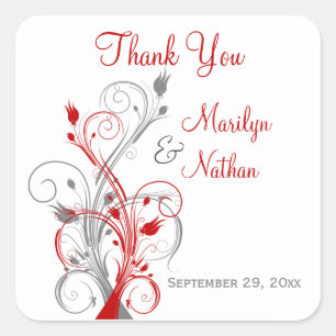 White, Red, Grey Floral Wedding Favour Sticker
