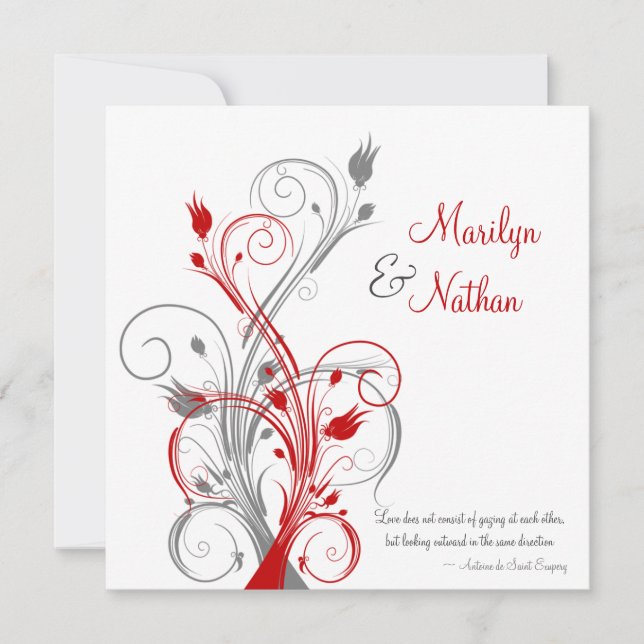 White, Red, Grey Floral Wedding Invitation (Front)