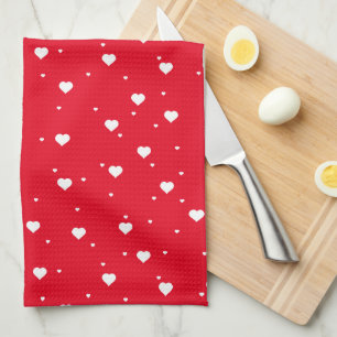 White & Red Hearts Pattern Tea Towel