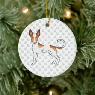 White & Red Ibizan Hound Smooth Coat Dog And Paws Ceramic Tree Decoration