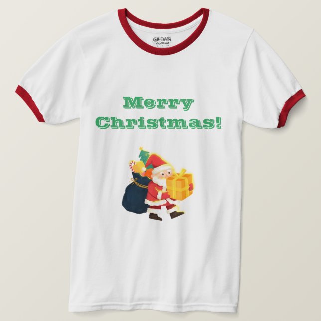 White/Red Merry Christmas Wishes Printed Ringer T-Shirt (Design Front)