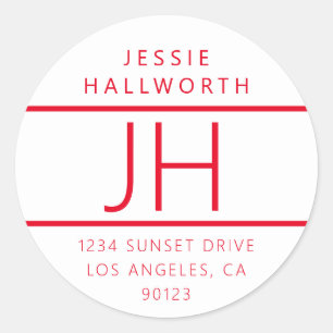 White & Red Modern Looking Return Address Classic Round Sticker