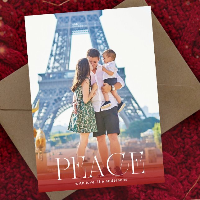 White & Red Overlay Photo Modern PEACE Holiday Card (Creator Uploaded)