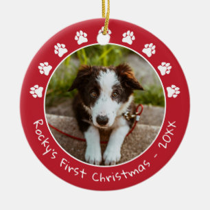 White Red Paw Prints Pet's First Christmas Photo Ceramic Tree Decoration