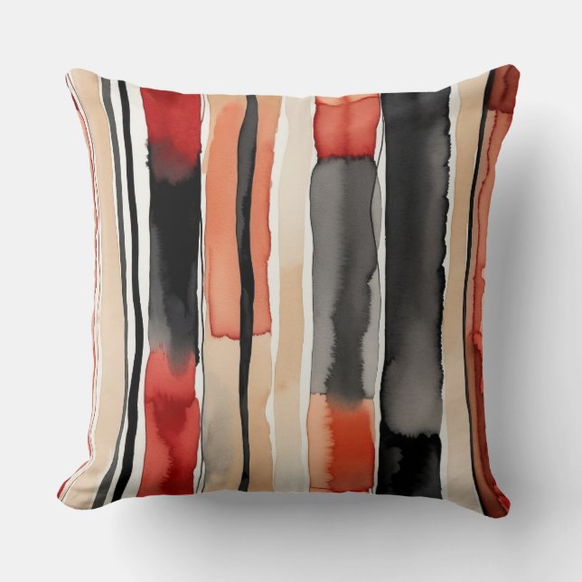 White Red peach and black abstract stripes Cushion (Front)