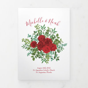 White & Red Peony & Rose Floral Wedding Programs Tri-Fold Programme