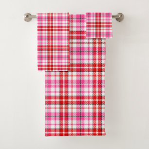 White Red Pink Plaid Tartan Design  Bath Towel Set