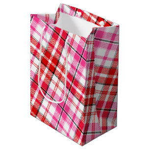 White Red Pink Plaid Tartan Design  Medium Gift Bag